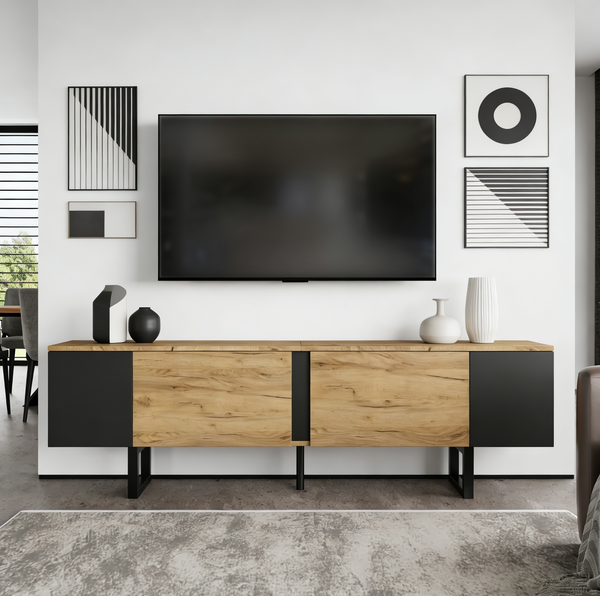 TV-Schrank aus Spanplatte mit 2 Türen & offenen Fächern, 180 x 40 x 55 cm, Naturholz/Schwarz