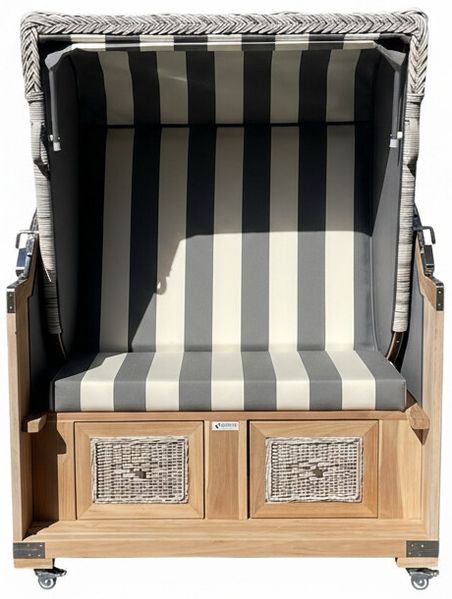 Strandkorb Teak grau/creme Stoff 2 Sitzer Vollliegemodell BASIC Modell