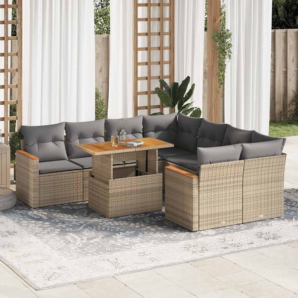 vidaXL 9-tlg. Garten-Sofagarnitur mit Kissen Beige Poly Rattan Akazie 3327468