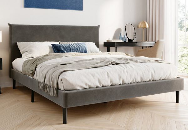 Home Collective Polsterbett 140x200 und 160x200 cm mit Lattenrost und weichem Bezug, Bettgestell (Doppelbett mit gepolstertem Kopfteil, robustes Gestell, hoher Liegekomfort), 160x200 cm, Grau, Samtbezug