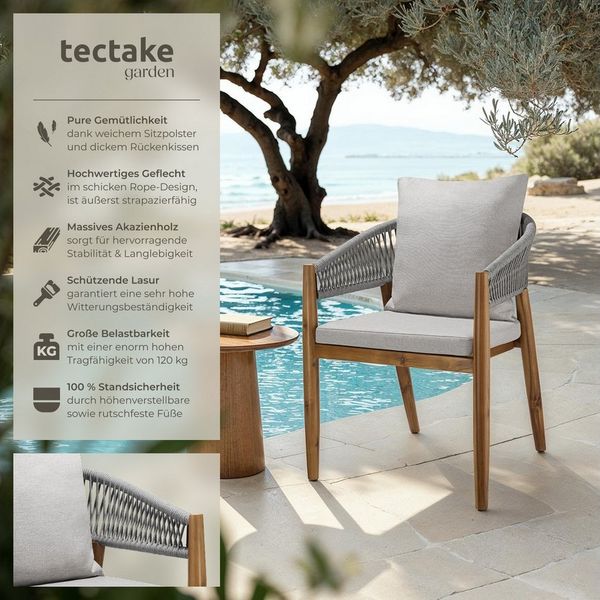 tectake Gartenstuhl Balkonstuhl, Belastbarkeit 120 kg, wetterfest, höhenverstellbar (Terrassenstuhl Manacor für Außen in Akazienholz Grau/Beige, 2 St), 60 x 58 x 76,5 cm, wasserabweisende, abnehmbare Polyesterbezüge