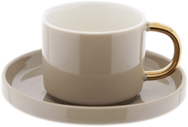 12-teiliges Mokkatassen Set aus hochwertigem Porzellan, 90 ml - Taupe/Gold