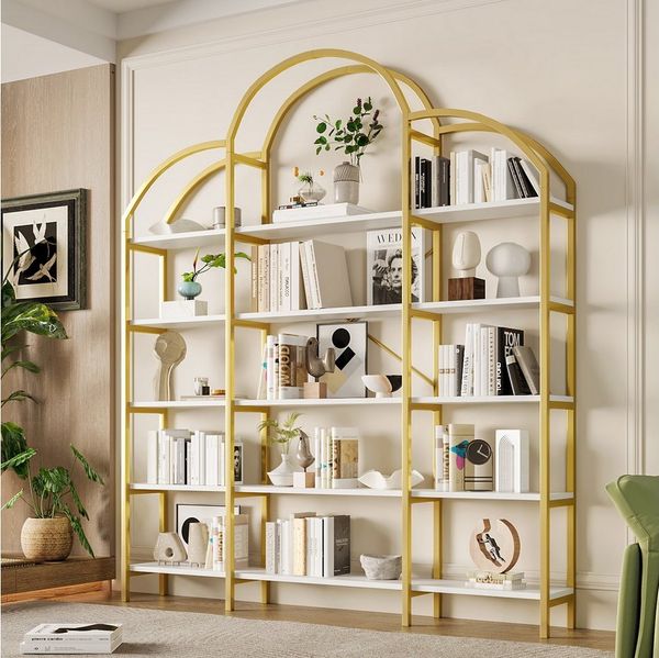 Merax Bücherregal in Gold-Weiß mit Wolkenform, 1-tlg, Metallregal mit 5 Ablagen, Bücherschrank aus MDF und Stahl