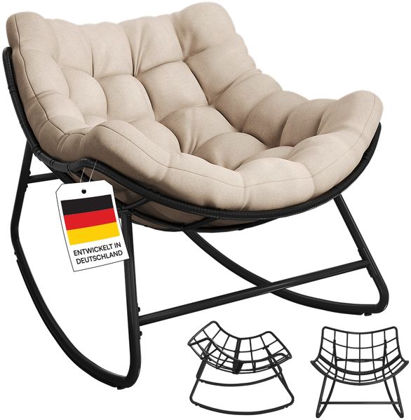 STEELSØN 'Veldora' Schaukelstuhl, schwarzes Polyrattan, Kissen beige, ergonomischer Relaxsessel, bis 125kg, XXL Schaukelsessel 75×100×65 cm