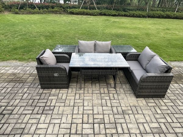 Fimous Rattan Garten Sofa Set Gartenmöbel Langer Rechteckiger Esstisch mit Sesseln 2 Beistelltischen Dunkelgrau gemischt
