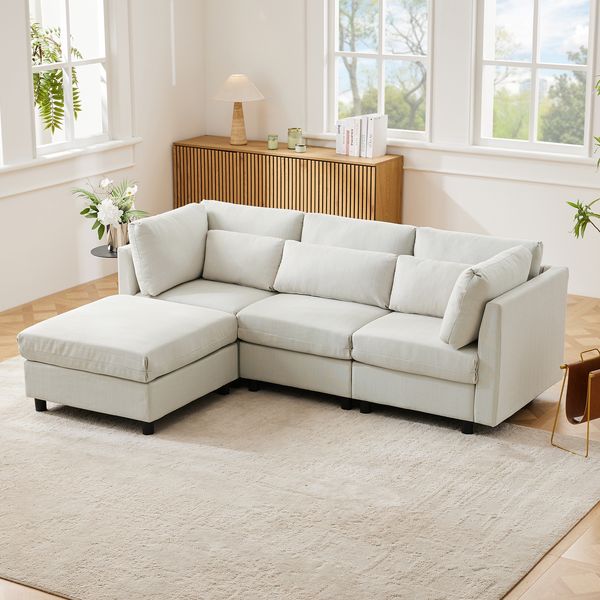 Sofa 220x83x81 cm Sitzfläche, Beige, Leinenbezug, Chaiselongue mit Fußhocker