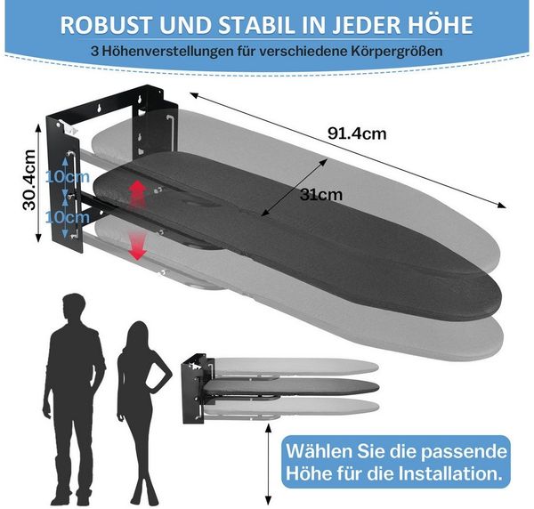 XERSEK Aktivbügeltisch Bügelbrett Klappbar mit Wandmontage ist höhenverstellbar, Ironing Board, Platzsparende Bügelbretter für Wäschereien