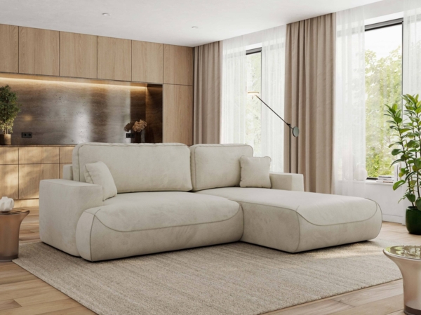 Ecksofa OVO mit schlaffunktion und bettkasten, Wellenfeder, lose Kissen, L-form 271x195 cm - Beige Velvet - rechte Seite