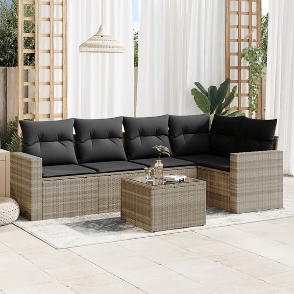 vidaXL 6-tlg. Garten-Sofagarnitur mit Kissen Hellgrau Poly Rattan 3218932
