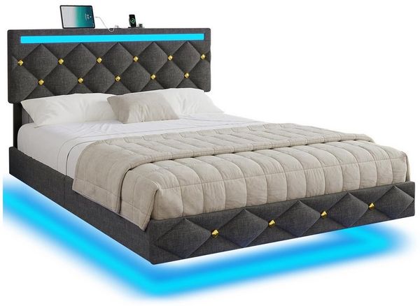 MSMASK Polsterbett mit USB-Aufladen und LED-Beleuchtung, Grauem Leinen