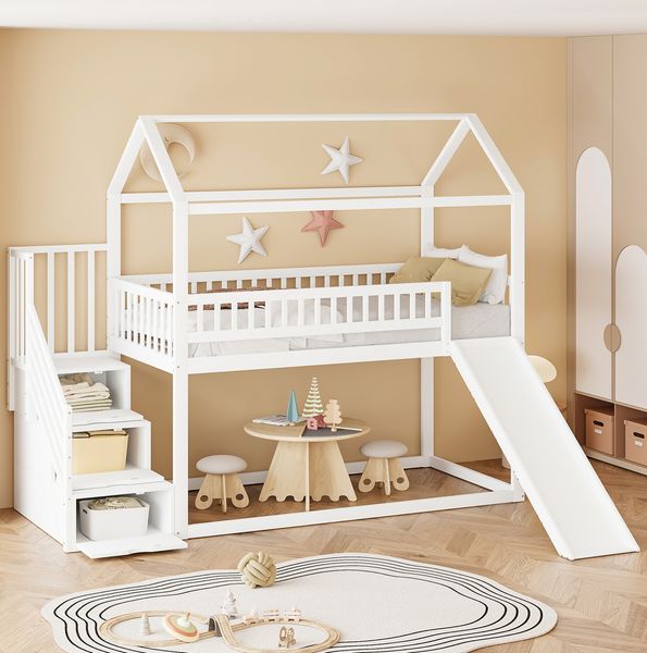 Kinderhochbett 90x200 cm mit Rutsche und Stauraumleiter – weißes Holzbett