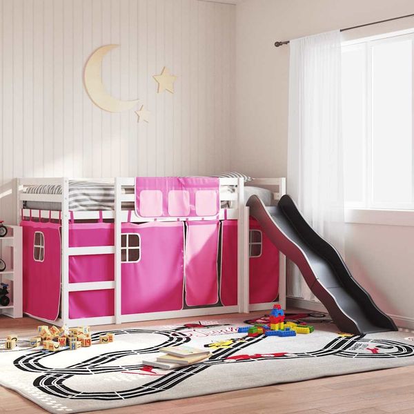 vidaXL Etagenbett mit Rutsche und Gardinen Rosa 90x200 cm 3284112