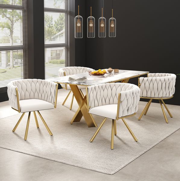 Esszimmerstuhl-Set, 72cm×54cm×59cm, 4er Set, drehbar – Samtbezug in Beige und Gold, mit Stahlgestell
