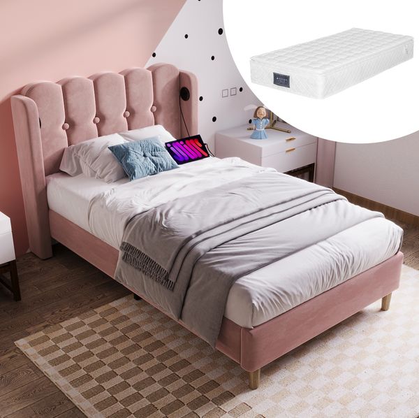 Polsterbett 90x200 cm aus Samt mit USB- und Type-C-Anschlüssen – gepolstertes Einzelbett in Rosa