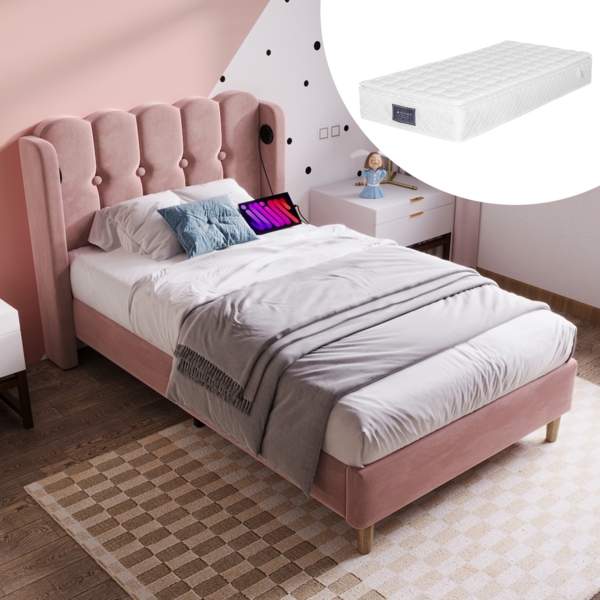Polsterbett 90x200 cm aus Samt mit USB- und Type-C-Anschlüssen – gepolstertes Einzelbett in Rosa