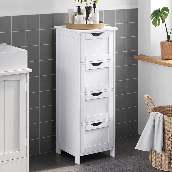 Bealife Badezimmer-Set Badezimmerschrank mit 4 Schubladen, holz, weiß, 30x30x82 cm (TxBxH)