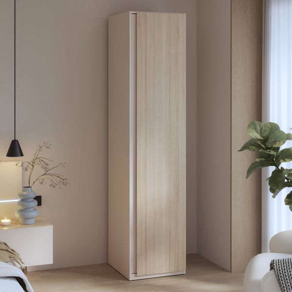 Forte PANOPTIK Kleiderschrank 50, schmaler, moderner Schrank für kleinere Zimmer, 1-türig, Holzwerkstoff, Kaschmir|Beige|Riva Eiche Holzdekor, 48 cm breit x 210,5 cm hoch x 54,2 cm tief