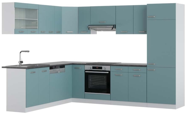 Eckküche R-Line Blau-Grau/Weiß 287 x 60 cm , AP Anthrazit Vicco