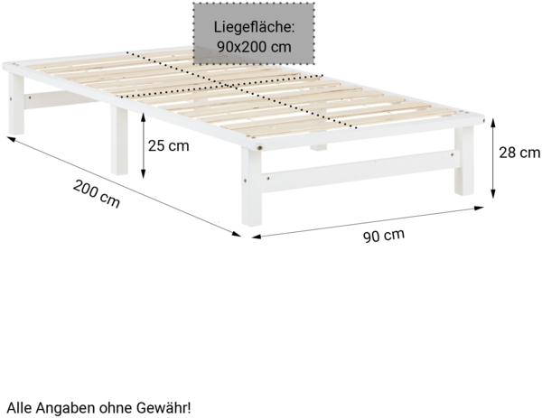 Holzbett 90x200 mit Matratze Holzbettrahmen Weiß Palettenbett Einzelbett Bett Massiv Holz Bettgestell Bild 3
