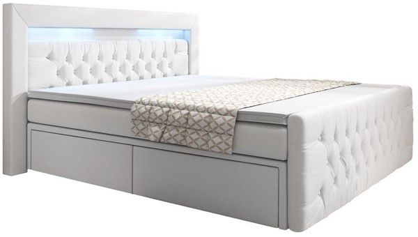 Boxspringbett Sera mit LED und Stauraum (4 Schubladen) 140x200 Weiß H4 (100kg+)