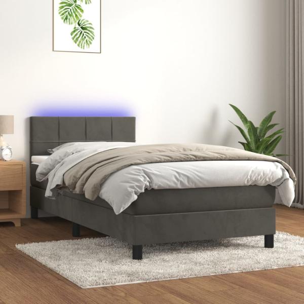 vidaXL Polsterbett mit Matratze & LED Dunkelgrau 90x200 cm Samt, Härtegrad: H2 [3134382]