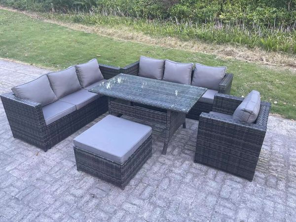 Fimous 8 Sitzer Outdoor Gartenmöbel Set Terrassen Rattan Rechteckiger Esstisch Sessel mit Großer Fußhocker Dunkelgrau gemischt