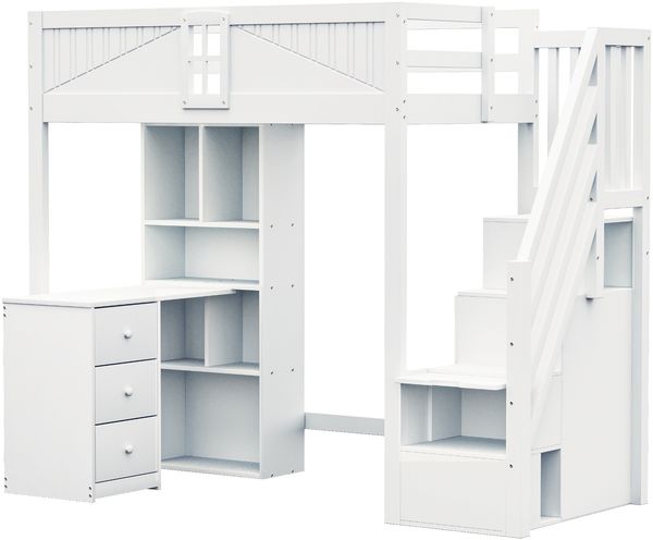 Hochbett 90x200 cm mit Schreibtisch & Stauraum – Massivholz Kinderbett mit Zaundesign,Leiter & Regalfächern,Weiß Bild 9
