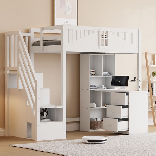 Hochbett 90x200 cm mit Schreibtisch & Stauraum – Massivholz Kinderbett mit Zaundesign,Leiter & Regalfächern,Weiß