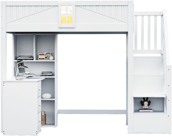 Hochbett 90x200 cm mit Schreibtisch & Stauraum – Massivholz Kinderbett mit Zaundesign,Leiter & Regalfächern,Weiß Bild 7