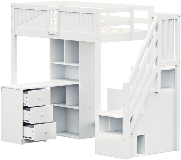 Hochbett 90x200 cm mit Schreibtisch & Stauraum – Massivholz Kinderbett mit Zaundesign,Leiter & Regalfächern,Weiß Bild 8