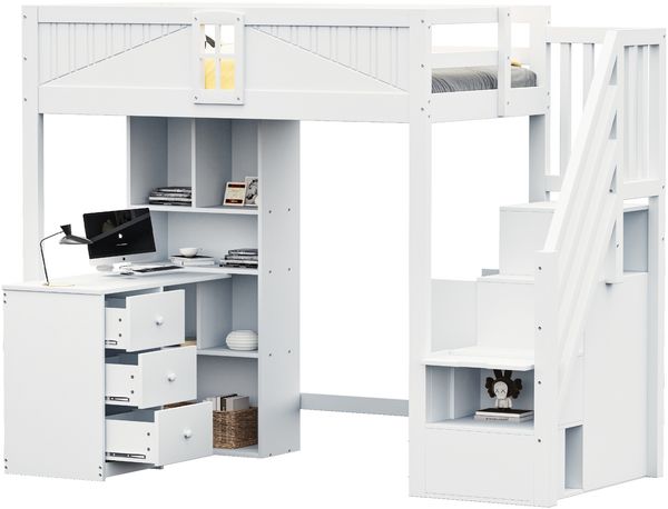 Hochbett 90x200 cm mit Schreibtisch & Stauraum – Massivholz Kinderbett mit Zaundesign,Leiter & Regalfächern,Weiß Bild 6