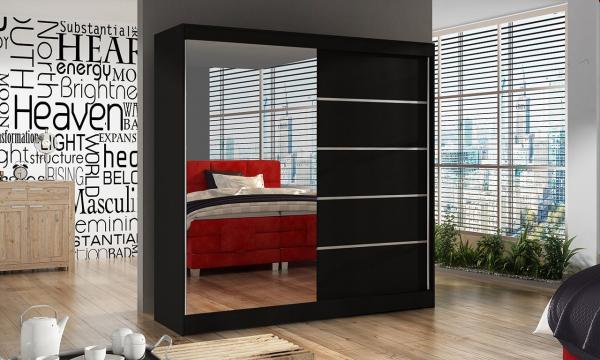 Schwebetürenschrank Basti III 200 cm mit Spiegel - Kleiderschrank, Schiebetürenschrank mit Kleiderstange und Einlegeboden, Schlafzimmerschrank, Schiebetüren, 200x215x58 cm (Schwarz)