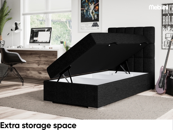 MEBLINI Boxspringbett LUKAS 100x200 cm mit Bettkasten - H3/Schwarz Webstoff Gepolstert Einzelbett mit Topper & Bonellfederkern-Matratze - 100x200 Rechts Bild 5