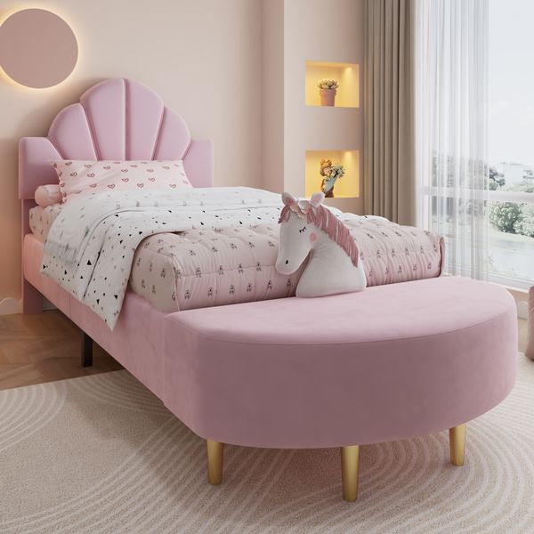 Polsterbett 90x200 mit Bettbank und Samt Kopfteil, Einzelbett Kinderbett, rosa