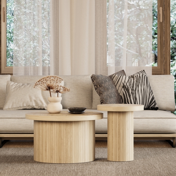 Merax Couchtisch, doppelter runder Tisch, Beistelltisch mit Naturholzlatten. Multifunktionaler Wohnzimmertisch, Holzfarbe