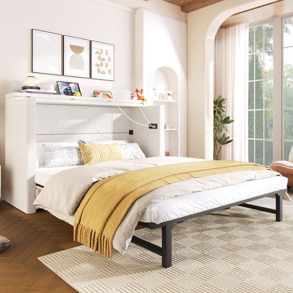 Schrankbett, 140x200, Mit einer Schublade,Mobiles Schrankbett mit Ablagefach am Bett, mit USB- und Typ-C-Anschlüssen, Umbaubares Plattformbett, Ohne Matratze,Leinen, Beige