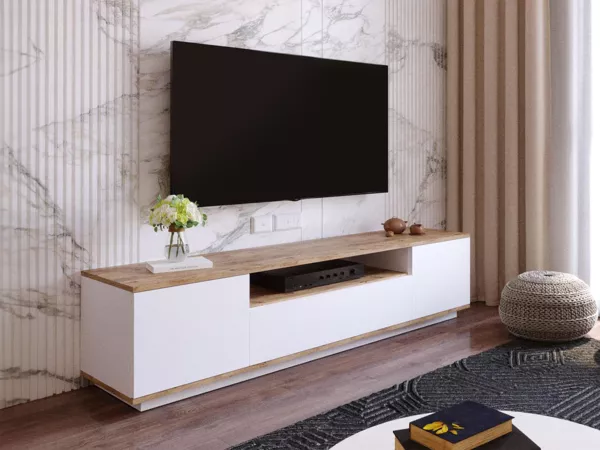 Vente-unique - LOTULA TV unit Holz, Platte BeigeWeiß - B 44,5 cm x H 44,6 cm x L 180 cm