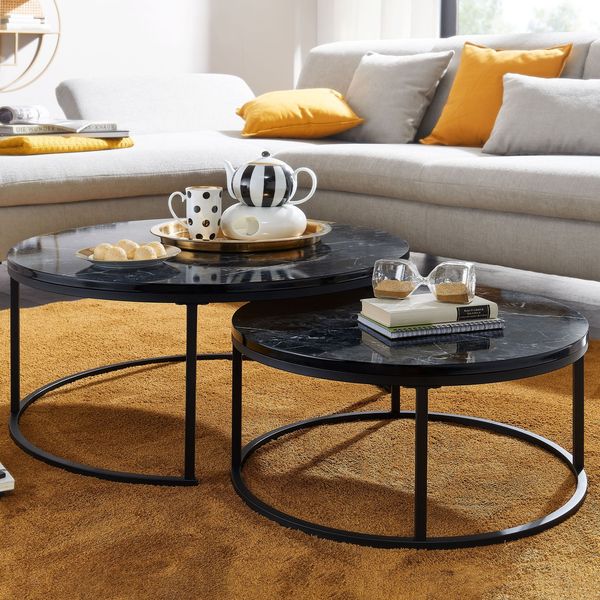 Couchtisch 2er Set Schwarz Marmor Optik Sofatisch Rund Modern | Beistelltisch 2-teilig Metall | Runde Wohnzimmertische | Design Satztische