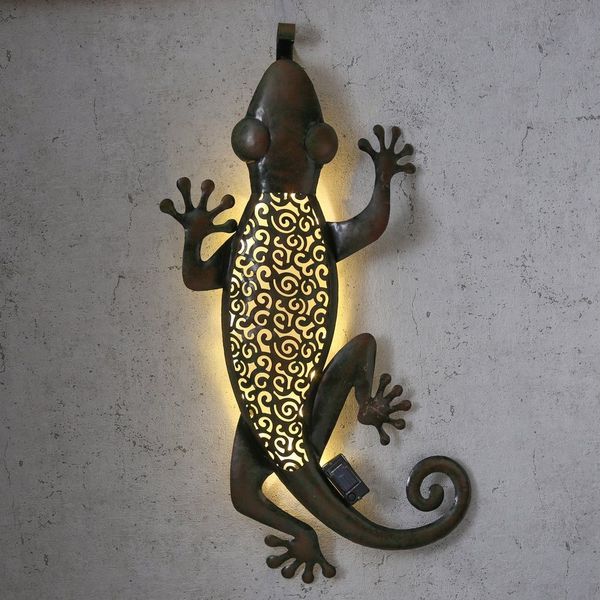 MARELIDA LED Solarleuchte LED Solar Gartendeko GECKO Terrasse Hauswand Wanddeko H: 72cm braun, LED Classic, warmweiß (2100K bis 3000K)