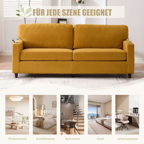 Sofa 203x77,5x86 cm, Senfgelb, Chenille, USB-C & dimmbare LED, Getränkehalter, Seitentaschen Bild 5