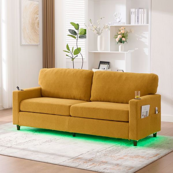 Sofa 203x77,5x86 cm, Senfgelb, Chenille, USB-C & dimmbare LED, Getränkehalter, Seitentaschen