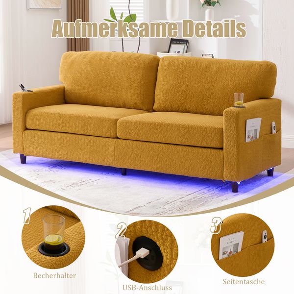 Sofa 203x77,5x86 cm, Senfgelb, Chenille, USB-C & dimmbare LED, Getränkehalter, Seitentaschen Bild 7