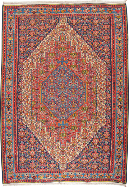 Looma 'Behzad' Kelim Senneh handgewebt, Schurwolle Beige-Rot, 207x286 cm