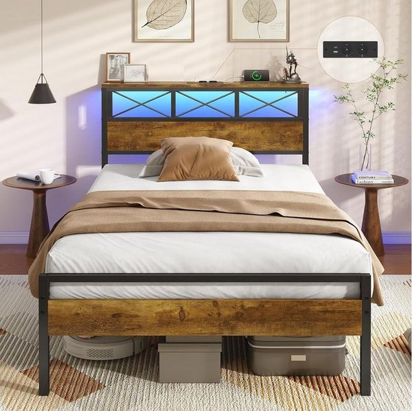 MSMASK Metallbett Bettgestell mit LED Beleuchtung und Steckdose USB-Anschlüsse (Ohne Matratze), Kinderbett Jugendbett Einzelbett, 90 x 200 cm