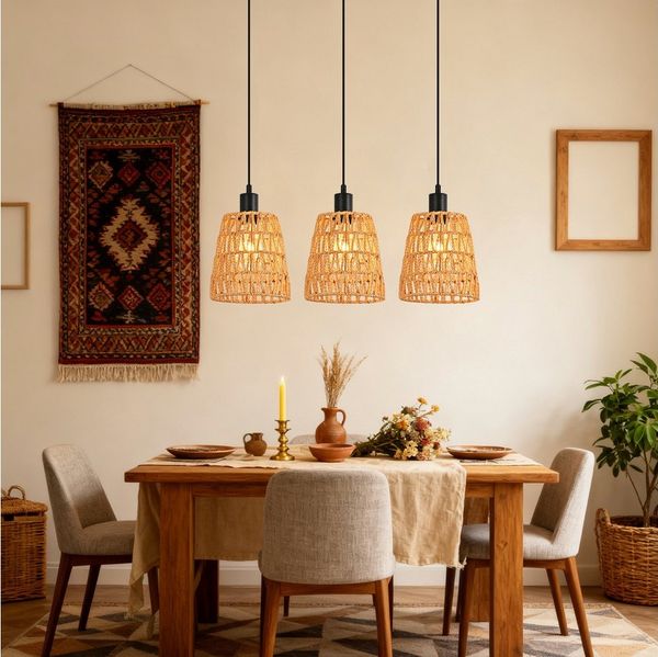 Nettlife Pendelleuchte Boho Rattan Hängelampe Retro höhenverstellbar 1/3 flammige E27, Höhenverstellbar, ohne Leuchtmittel, ob Schlafzimmer Flur Esszimmer Dachboden Küche
