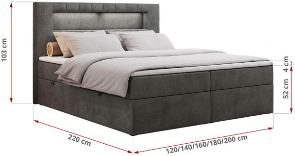 Boxspringbett - Polsterbett mit LED Kopfteil - GOLD-5 - 120x200cm - Dunkelgrau Velours - H3 Bild 5