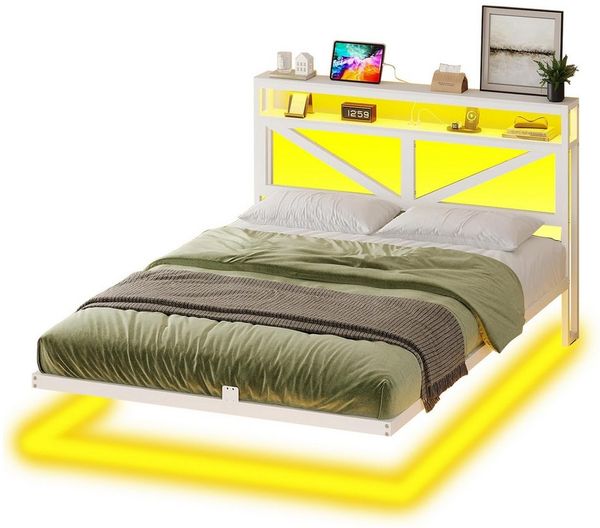 MSMASK Metallbett Modernes Schwebendes Bettrahmen mit USB-Ladeanschluss (Ohne Matratze), Bettgestell 160x200cm