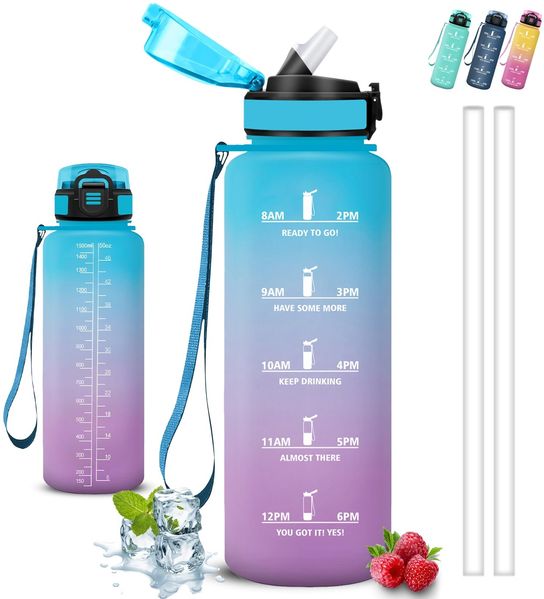 Trinkflasche Sport, Trinkflasche 1 5 liter, Wasserflasche mit Strohhalm, Leicht zu Reinigen, Flasche Auslaufsicher, Kann mit dir Tragen, Wasserflasche mit Zeitmarkierung, für Wandern, Yoga, Camping