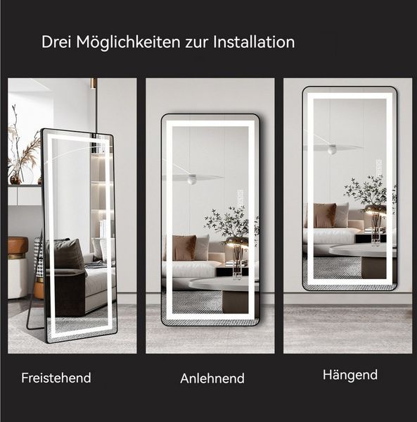 Odikalo Ganzkörperspiegel Spiegel 163x54 Spiegel groß Wandspiegel mit LED, Metall Alu Rahmen (vertikaler Ganzkörperspiegel mit LED-Beleuchtung, beleuchteter Standspiegel mit Halterung, dimmbarer Wandspiegel mit schlankem, durchgehendem Rahmen aus Alumi...
