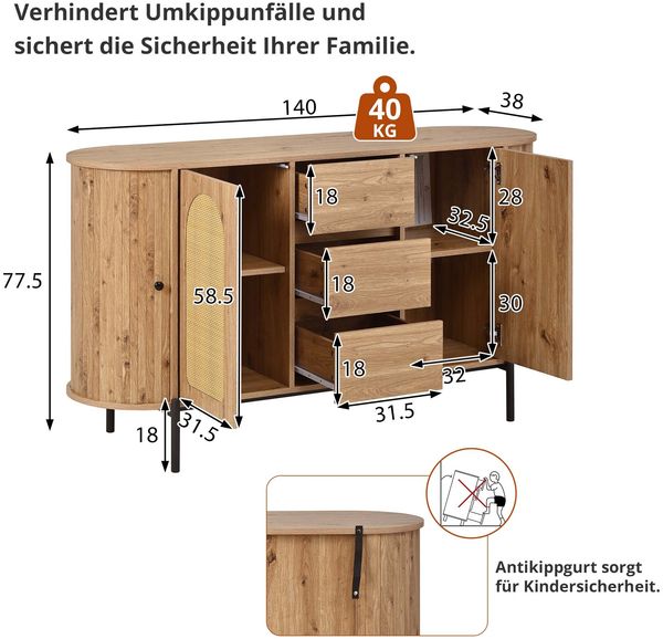 Ovaler Sideboard mit Rattan, Schiebetüren, Türen und Schubladen, verstellbare Fächer, Holzoptik, Metallbeinen, multifunktionaler Aufbewahrungsschrank Bild 4